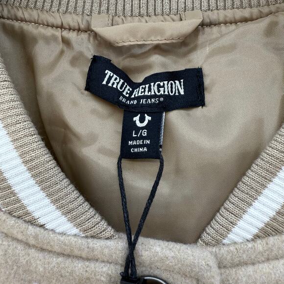 NWT True Religion True Varsity Jacket Women's L Tan White Preppy Y2k 600011 - Picture 3 of 12
